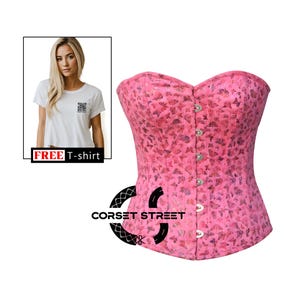 Pink Butterfly Printed Soft Leather Overbust Corset