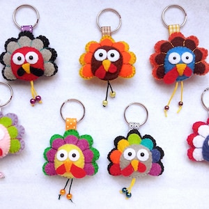 Colourful handmade lovely turkey felt keyring, bag and backpack pendant, Thanksgiving decoration, country housewarming, farm animal lovers