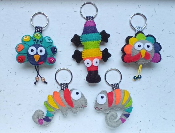 Rainbow Animals Felt Keyring Chameleon Turkey Peacock Platypus