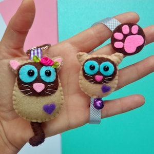 Portachiavi e segnalibro in feltro a forma di gatto siamese: regalo fatto a mano per gli amanti dei gatti
