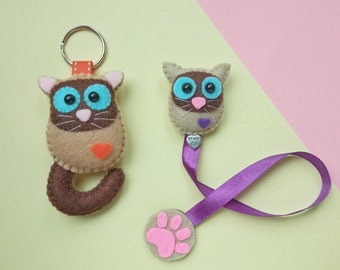 Siamese cat keyring and bookmark made of felt, cat magnet, bag charm, backpack pendant, useful present for cats addicted and book accessory