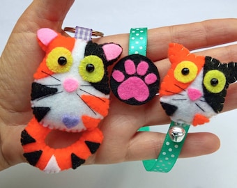 Calico cat keyring and bookmark made of felt, present for cat lovers, kitten magnet, birthday gift for her, bag and backpack charm