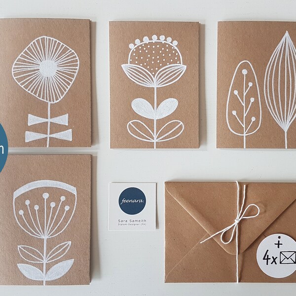 Set of 4 Folding Cards "Scandi Flowers & Leaves, Spring" - Handmade, A6. Artist: Sara Sameith - feenara. (incl. 4x envelopes)