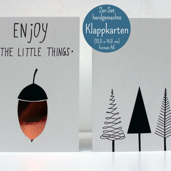 Set of 2 folding cards "Acorn/Christmas Tree/Christmas" - handmade, A6. Artist: Sara Sameith - Feenara. (incl. 2x envelopes)