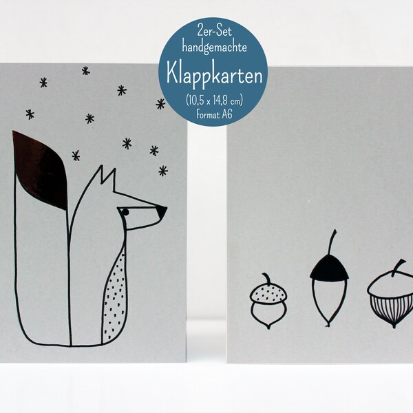 Set of 2 folding cards "Fox/Acorns/Nuts/Christmas" - handmade, A6. Artist: Sara Sameith - Feenara. (incl. 2x envelopes)