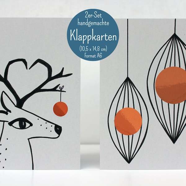 Set of 2 folding cards "Reindeer/Christmas/Christmas" - handmade, A6. Artist: Sara Sameith - Feenara. (incl. 2x envelopes)