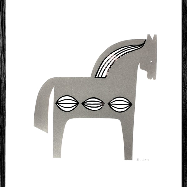 Original artwork. Collage "Dala Horse, Grey". Handmade collage paper/mixed media. Artist: Sara Sameith. Original, no reprint.