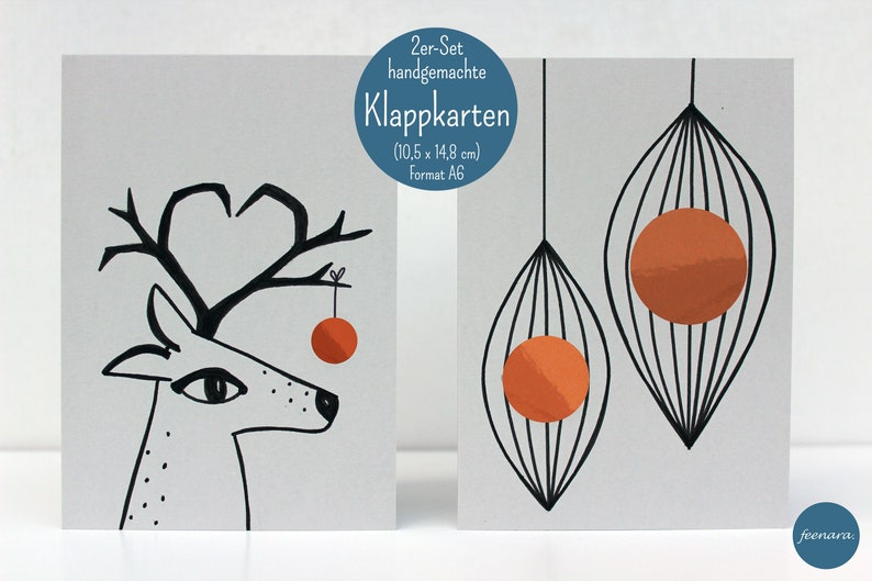 Set of 2 folding cards Reindeer/Christmas/Christmas handmade, A6. Artist: Sara Sameith Feenara. incl. 2x envelopes image 1