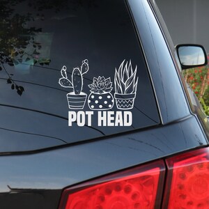 Pode incluir: Um adesivo de vinil branco com um desenho de plantas em vasos e o texto "POT HEAD" em um carro preto.