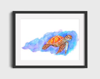 Sea Turtle - Hand Embellished Gold - Watercolor Painting - High Quality Giclee Print