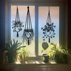 May include: Three black silhouette macrame plant hangers with different plant designs hanging in front of two windows. The windows are framed in white and have a white trim. The plant hangers are hanging from the top of the windows. The plants are all different shapes and sizes.