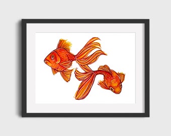 Goldfish - Hand Embellished Gold - Watercolor Painting - High Quality Giclee Print