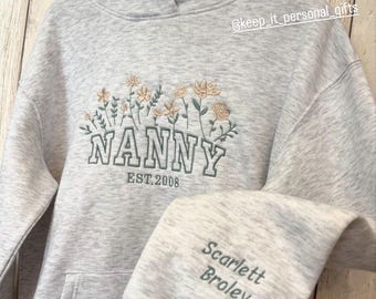 mothers day hoodie Personalized Embroidered Nanny Hoodie | Grandchildren Names Sleeve
