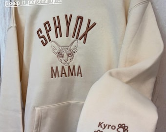Beautifully embroidered sphynx mama hoodies with personalisation. (Hairless cat/cat lover).