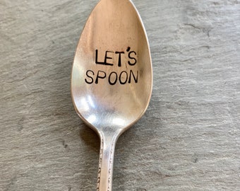 Hand Stamped Vintage Spoon: Let's Spoon - Coffee Tea Lover Gift