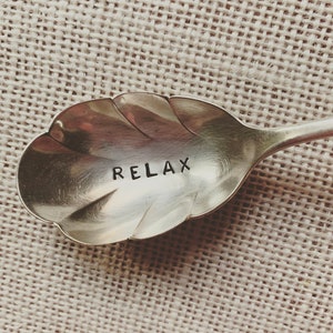 Relax - Stamped Sugar Spoon - Pamper Gift for her - Spa Gifts -Silverplate- handstamped