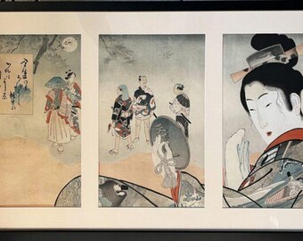 Grabado japonés antiguo en madera de Kobayashi Kiyochika: La belleza de la era Tenmei.