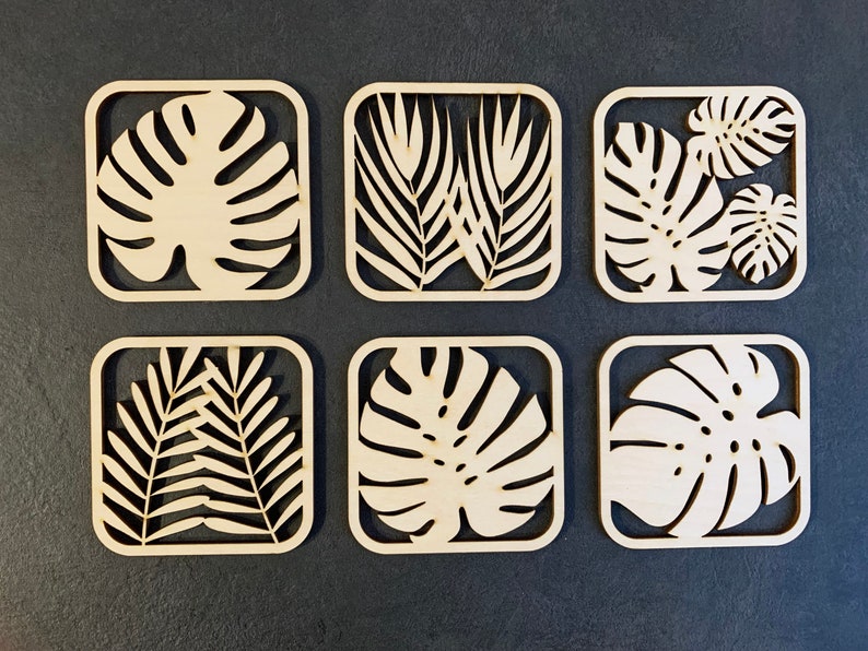 Tropical Leaf Coasters, Set of 6, Laser Cutting Files, SVG, DXF, Monstera Leaf Coaster zdjęcie 3