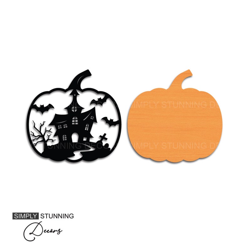 May include: Two pumpkin-shaped wooden cutouts. One is a black silhouette of a haunted house, bats, and a graveyard. The other is an orange pumpkin shape with a wood grain texture. The words "SIMPLY STUNNING Decors" are at the bottom.