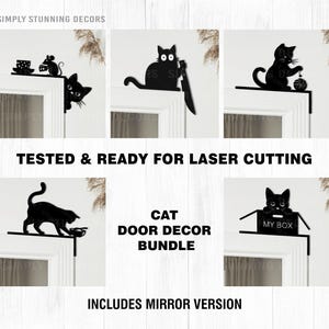 May include: A collection of black cat-themed door decor. The bundle includes various cat designs, such as a cat with a knife, a cat with a ball of yarn, and a cat peeking around a corner. The text "CAT DOOR DECOR BUNDLE" is also visible.