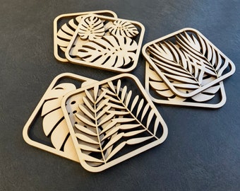 Tropical Leaf Coasters, Set of 6, Laser Cutting Files, SVG, DXF, Monstera Leaf Coaster