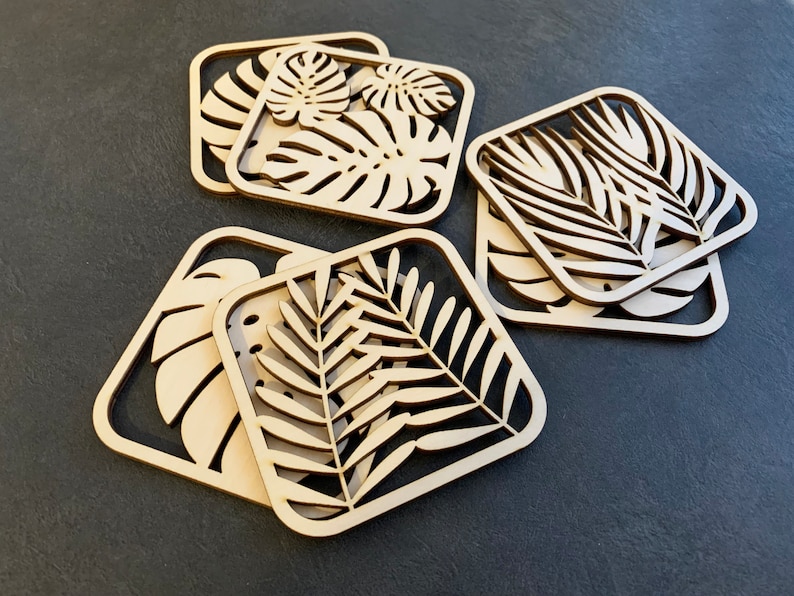 Tropical Leaf Coasters, Set of 6, Laser Cutting Files, SVG, DXF, Monstera Leaf Coaster zdjęcie 1