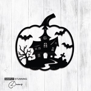 May include: Black metal Halloween pumpkin decoration featuring a haunted house, bats, a tree, and a graveyard scene. The decoration is cut out in a pumpkin shape with the words "SIMPLY STUNNING Decors" at the bottom.
