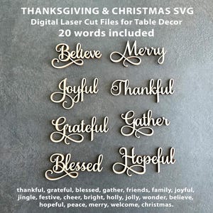 Może przedstawiać: Wycięte laserowo drewniane słowa do dekoracji stołu na Święto Dziękczynienia i Boże Narodzenie. Słowa obejmują "Believe", "Merry", "Joyful", "Thankful", "Grateful", "Gather", "Blessed" i "Hopeful". Obraz zawiera również listę dodatkowych słów.