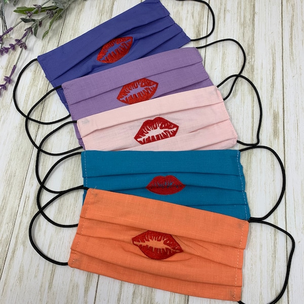 Lips  Embroidered Face Mask. Cotton Handmade Black Mask for Face. Same Day Shipping!