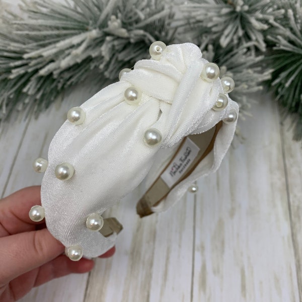 Ivory Top Knot Headband With Pearls. Women’s Twisted Headband. Ivory Velvet Turban. Wedding Headband. Ivory Bridal Head Band. Ships Fast.