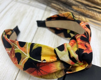 Fall Themed Top Knot Headband For Woman | Leaves Print Knotted Headband | Cotton Twisted Head Band