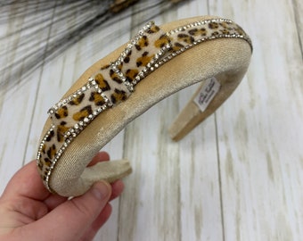 Beige Medium Padded Headband For Women. Handmade Padded Headband with Leopard Ribbon and Crystals. Alice Band. Ships fast.