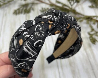 Opaska na głowę Coffee Top Knot dla kobiet | Szeroka opaska boho | Bawełniana opaska na głowę z węzłem