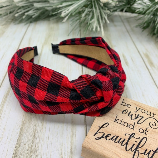 Buffalo Plaid Top Knot Headband For Women Red Black Checkered Head Band