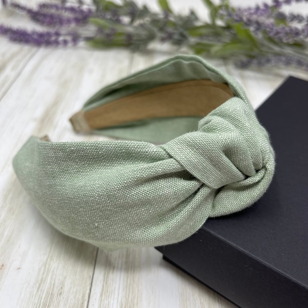 Sage linen blend  fabric top knot headband for woman Wide bohemian style headband