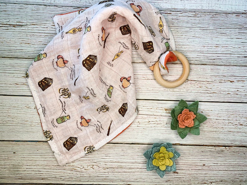 Harry Potter Teething Ring and Snuggle Blanket; Harry Potter Security Blanket; Muslin Blanket; Wooden Teething Toy; Wooden Teether Ring