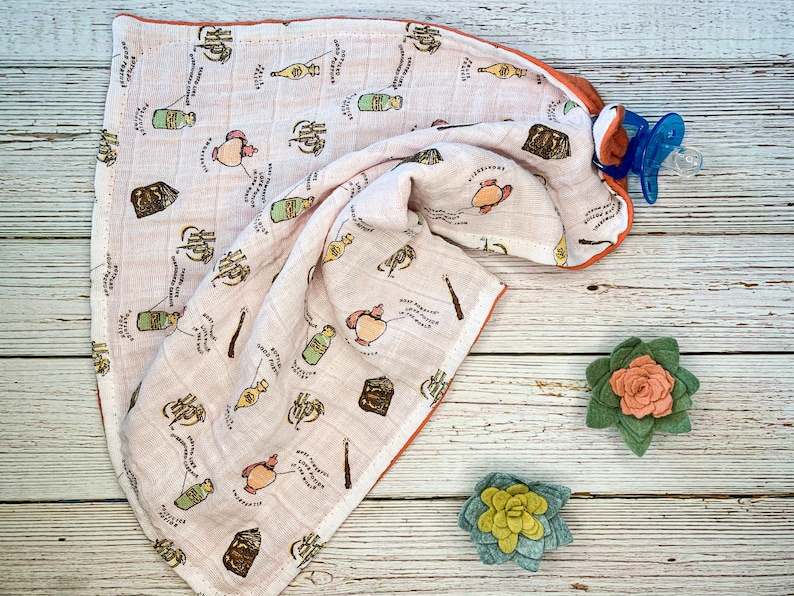 Harry Potter Teething Ring and Snuggle Blanket; Harry Potter Security Blanket; Muslin Blanket; Wooden Teething Toy; Wooden Teether Ring