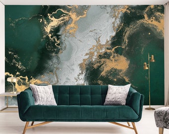 Green Wallpaper Peel and Stick Abstract Art Wall Mural Marble Wallpaper Modern Accent Wall Decor Dark Green Emerald Fluid Print Wallpaper