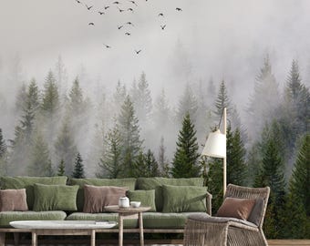 Scenic Foggy Forest Mural Peel and Stick Wallpaper Forest Trees Wallpaper Misty Forest Landscape Murals Bedroom Living Room Art Wallcovering