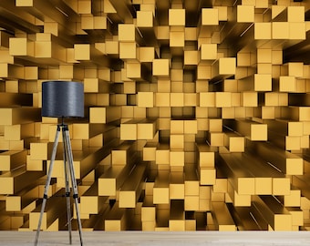 Mural de parede Cubo Dourado 3D | Papel de parede geométrico abstrato | Decoração moderna de luxo