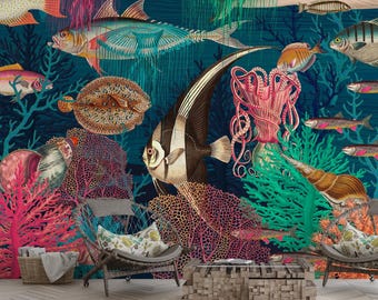 Vintage Underwater Mural Wallpaper Peel and Stick Fish Wall Decor Bedroom Bathroom Wall Art