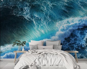 Sea Wave Wallpaper Mural Peel and Stick Beach Wallpaper Blue Surf Wave Wallpaper Seascape Wall Murals Costal Wallcovering