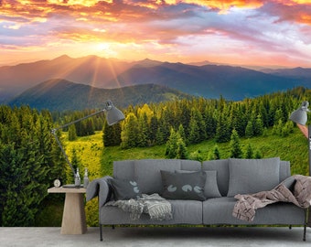Mountain Sunset Scenic Wall Mural Landscape Wallpaper Peel and Stick Bedroom Living Room Nature Wall Decoration Mountains Wallpaper Murals