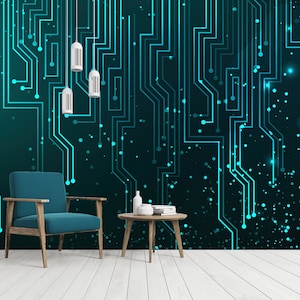 May include: A teal upholstered armchair with wooden legs sits beside a small round wooden table holding a white vase and a stack of books, set against a dark wall mural featuring glowing cyan circuit board lines and scattered light particles.