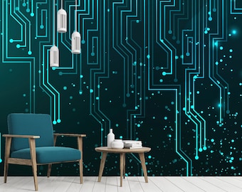 Abstract Circuit Mural Technology Wallpaper Digital Art Electronic Wall Decal Peel and Stick Gaming Wallpaper Tech Office Wallcovering