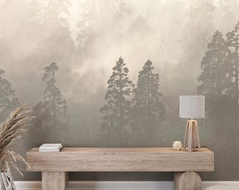 Foggy Woodland Mural - Peel and Stick Beige Forest Trees Wallpaper