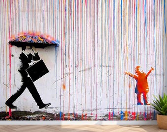 Rainbow Rain Mural - Colorful Peel & Stick Wallpaper | Banksy-Inspired Street Art Decor - Custom size