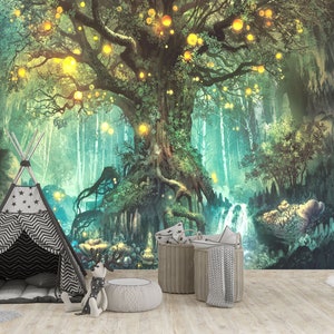 Fireflies on a Fantastic Tree Wall Mural Fantasy Tree Peel and Stick Vinyl Wallpaper Nursery Wall Decor Kids Playroom Wallpaper Tree of Life