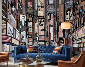 New York City Wallpaper Mural, Times Square Illustrated Street Scene, Colorful Urban Wall Decor