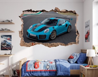 3D Sports Car Wall Decal, Racing Car Wall Sticker, Broken Wall Effect Decal, Boys Bedroom Car Decor, Supercar Wall Art